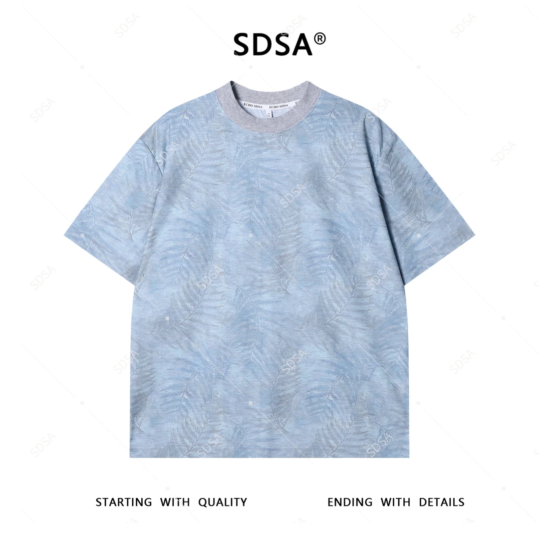 夏季高级感新款男士潮牌扎染叶子图案设计短袖T恤潮流圆领上衣潮
