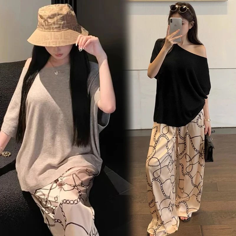 时髦孕妇套装夏装新款时尚韩版气质斜肩一字领宽松上衣休闲阔腿裤