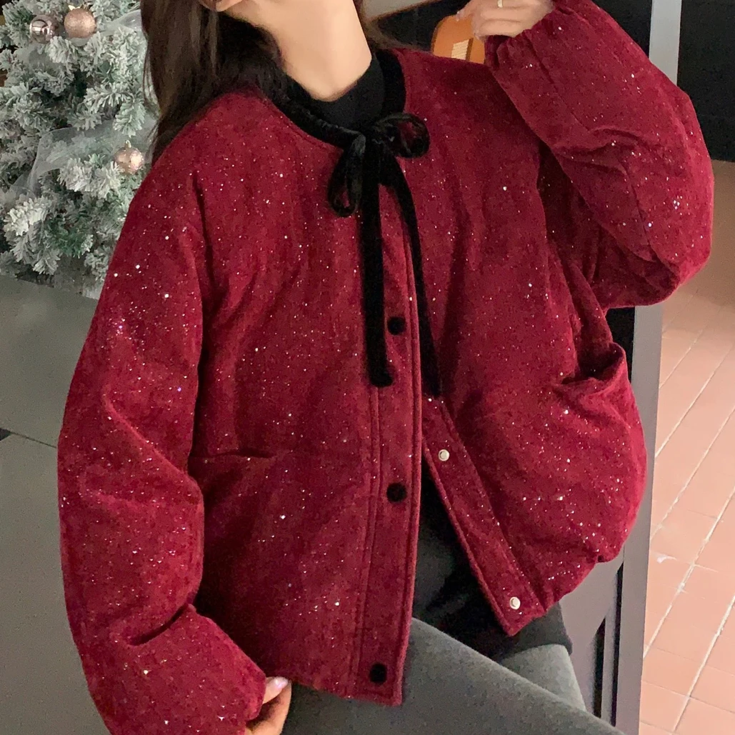 韩系小香风面包服女2025冬新款宽松显瘦蝴蝶结小个子内胆加绒外套