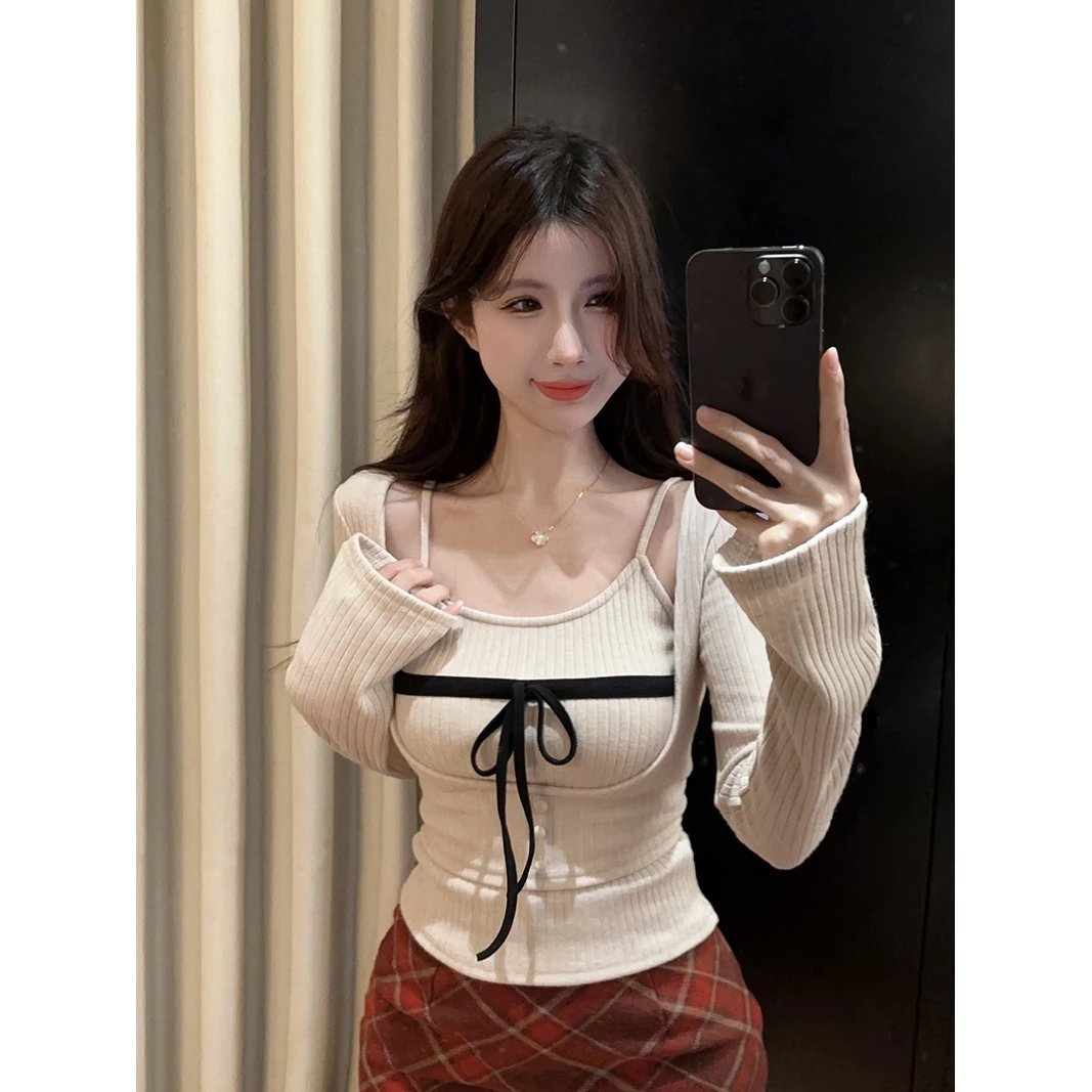 法式性感纯欲bm风长袖吊带t恤女春秋独特内搭短款叠穿上衣两件套