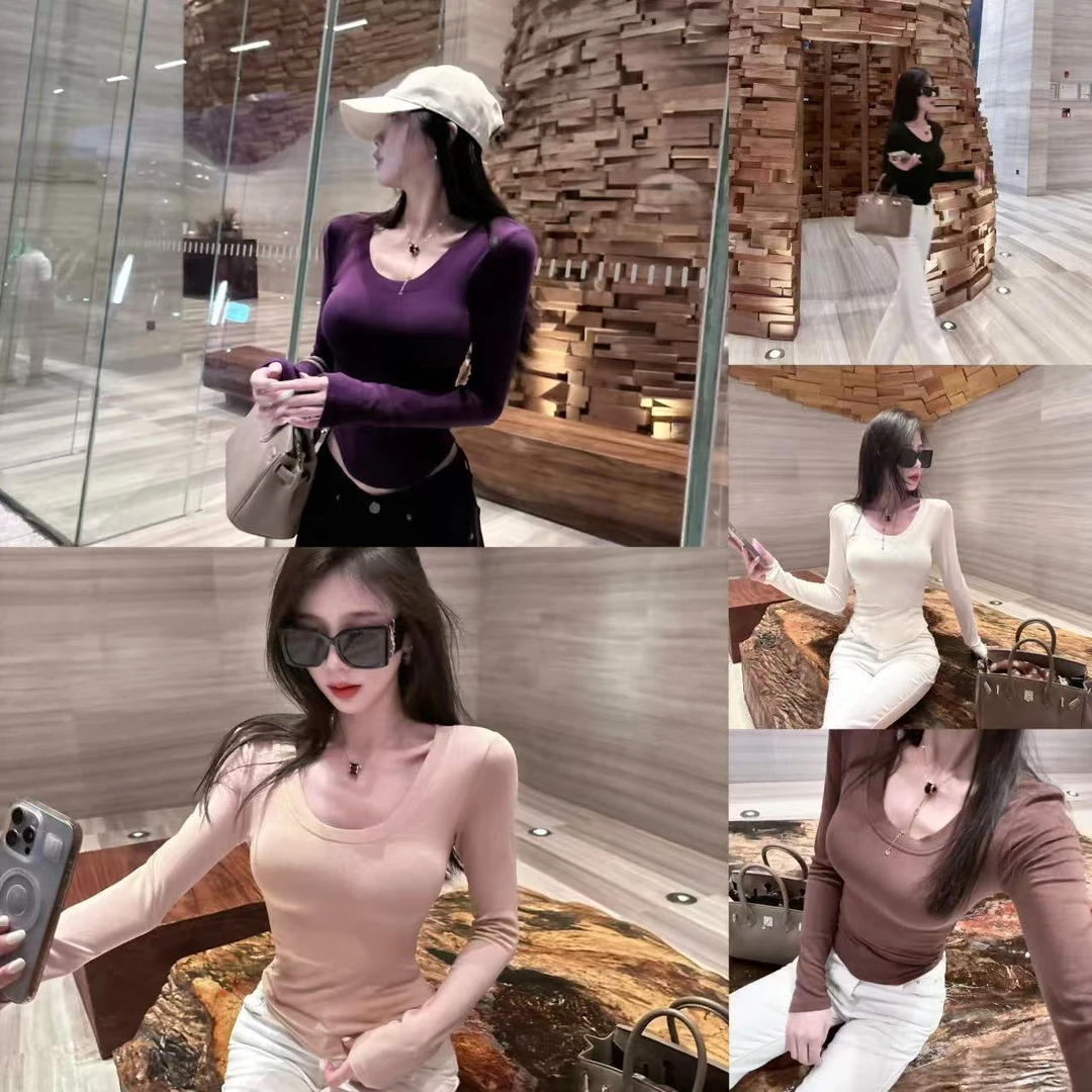 大U领性感掐腰修身打底衫