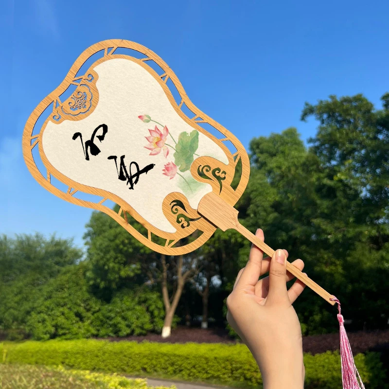 5把装高档新款镂空团扇古风空白扇子宣纸团扇国画书法扇子木质