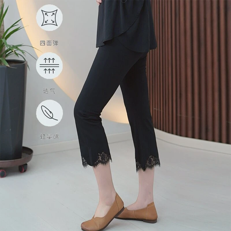 冰肌微喇瑜伽小黑裤女大码花边软蕾丝无压迫感夏季薄款巨弹八分裤