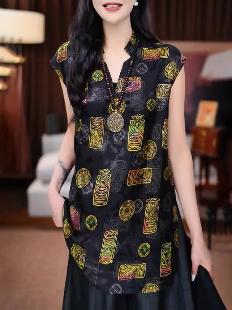 新中式国风复古洋气印花黑色上衣女2025夏季新款轻奢精致舒适小衫