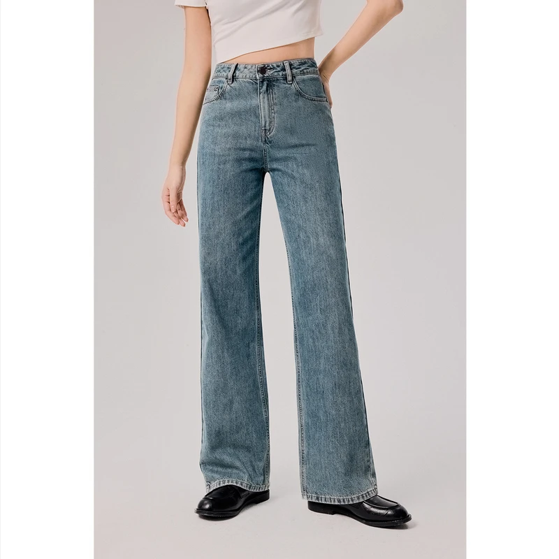 诗凡黎牛仔裤女新款高腰显瘦裤子棉感九分复古直筒拖地裤