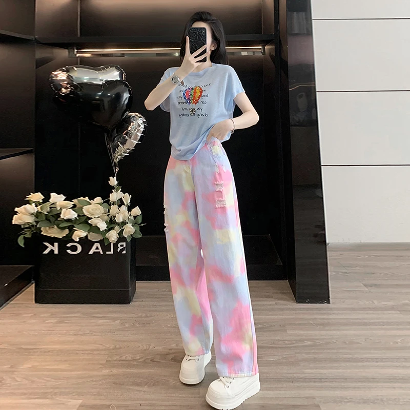 潮流炸街时尚套装女夏洋气针织T恤短袖上衣晕染阔腿牛仔裤两件套