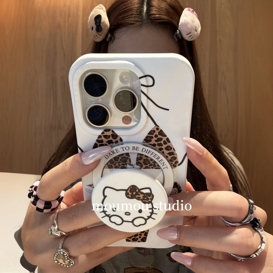 美式复古褶皱豹纹比基尼猫咪支架适用iphone16promax苹果15手机壳