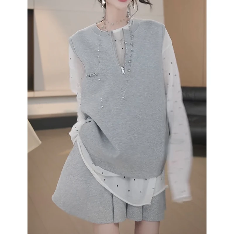 【月下听风】时尚减龄休闲运动背心套装女纯色百搭高腰A字短裤 9231