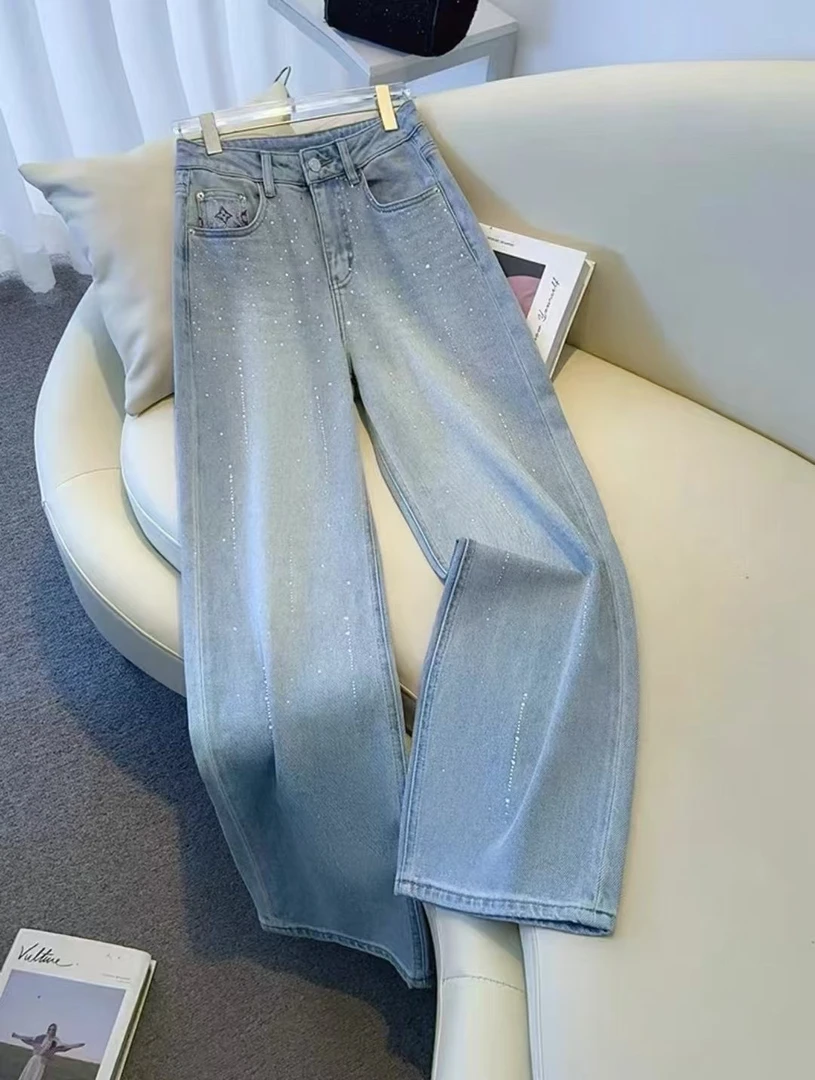 烫钻蝴蝶牛仔裤高腰显瘦直筒设计感时尚百搭阔腿裤