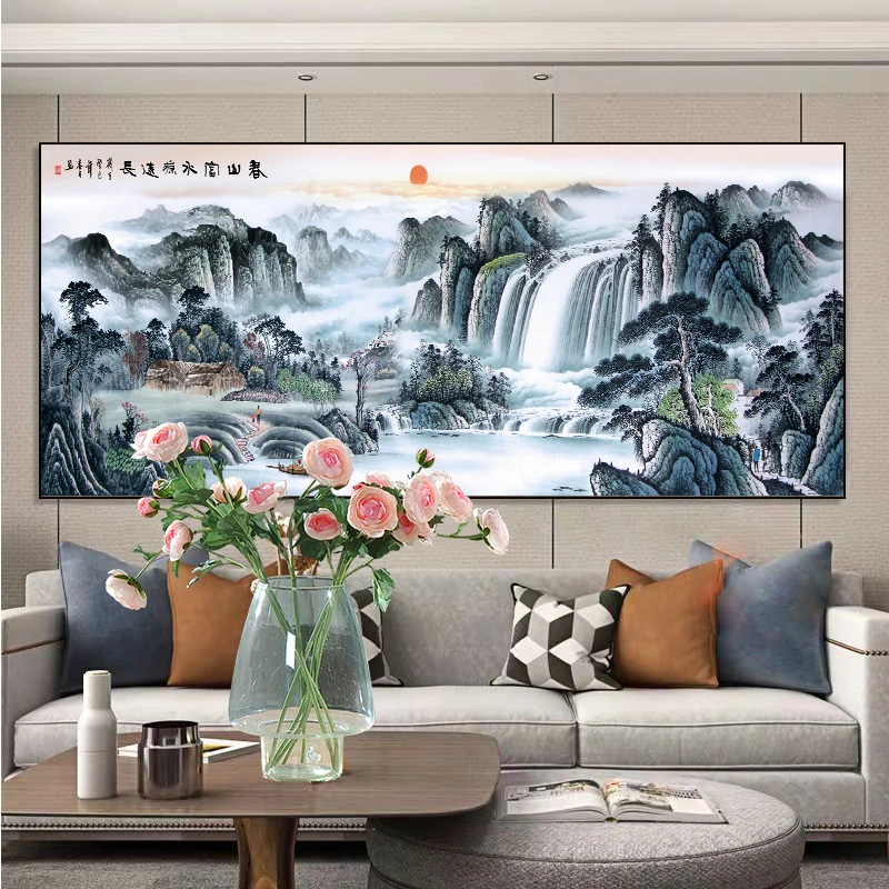 新款山水风景画春山图流水生财满钻全贴魔方圆钻石画卧室客厅贴钻