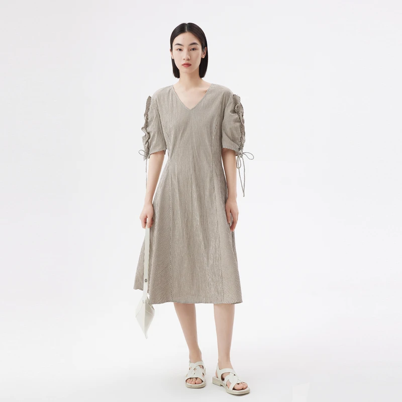 5030【赵老板专属】播复古V领袖口抽绳V领连衣裙女DDQ2LD5030
