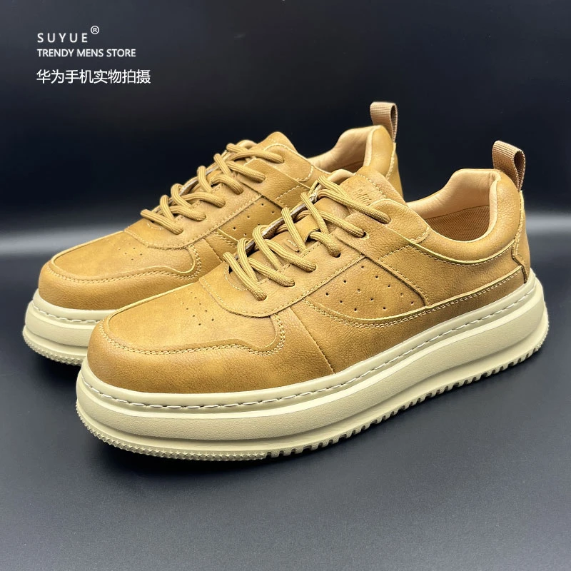 秋冬新款时尚百搭真皮复古男士休闲板鞋厚底商务男皮鞋工装鞋