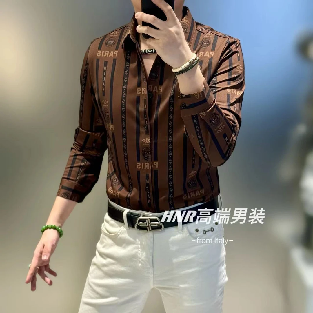 对称条纹字母图案新款印花高端男士秋季时尚休闲翻领衬衫D002