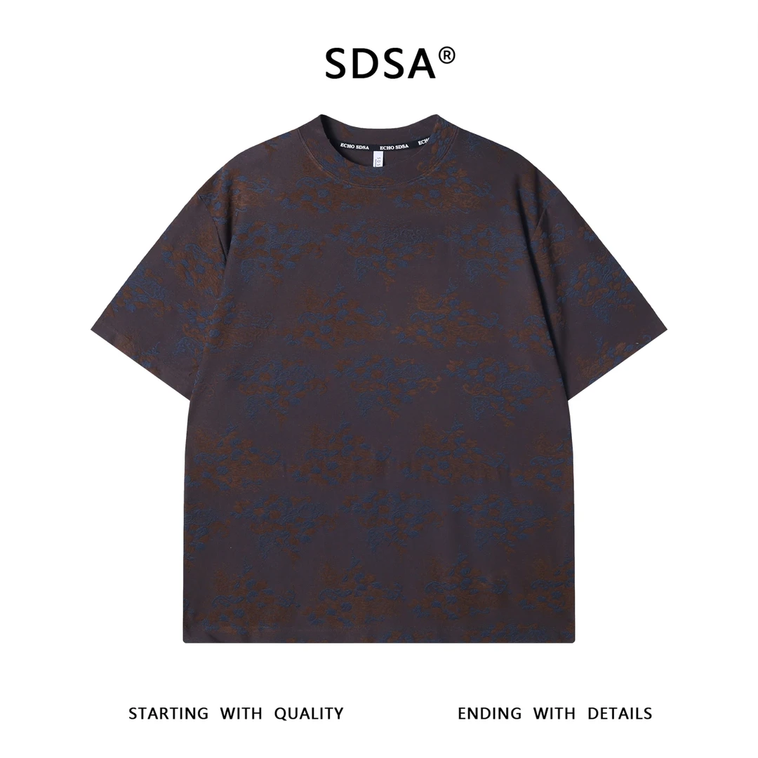 夏季高级感新款韩版撞色暗纹提花圆领短袖T恤宽松印花设计师上衣