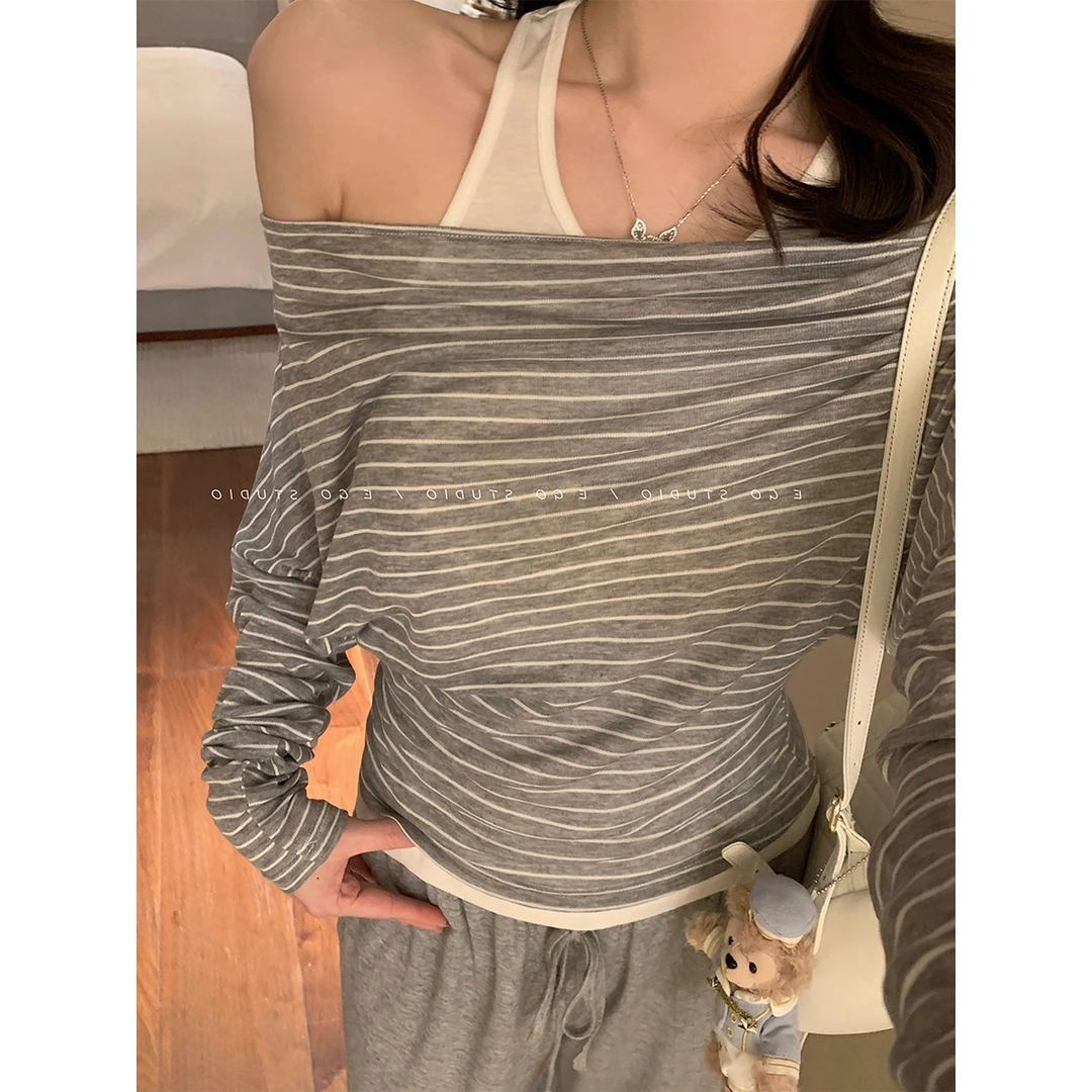 2025新款假两件露肩条纹长袖T恤宽松显瘦设计感小众百搭通勤韩系