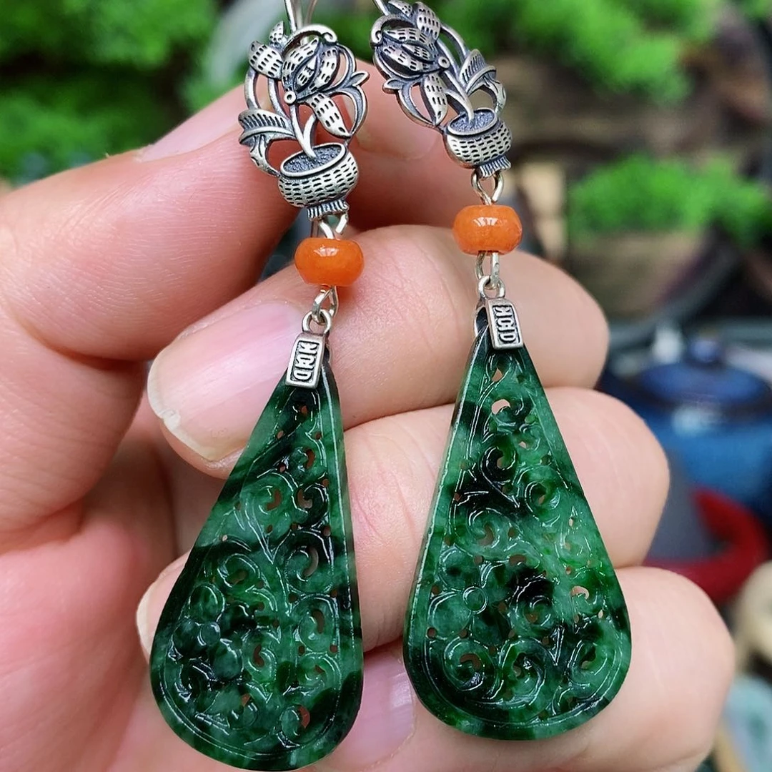 翡翠耳饰银S925镶嵌青*漂亮美眉