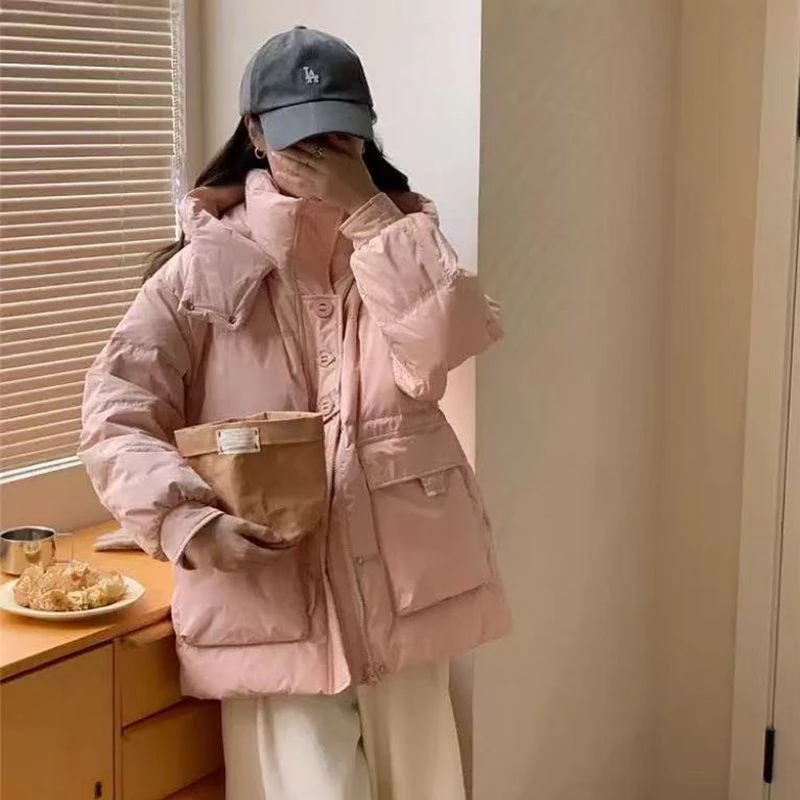 羽绒棉服女短款外套连帽宽松小个子保暖棉衣三粒扣2024年冬季新款
