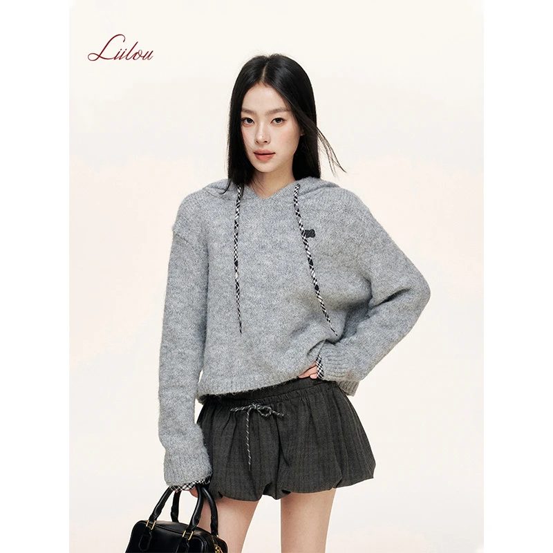 【梦一专属】Liilou 洋裁格纹 格纹抽绳 连帽套头宽松休闲针织上衣