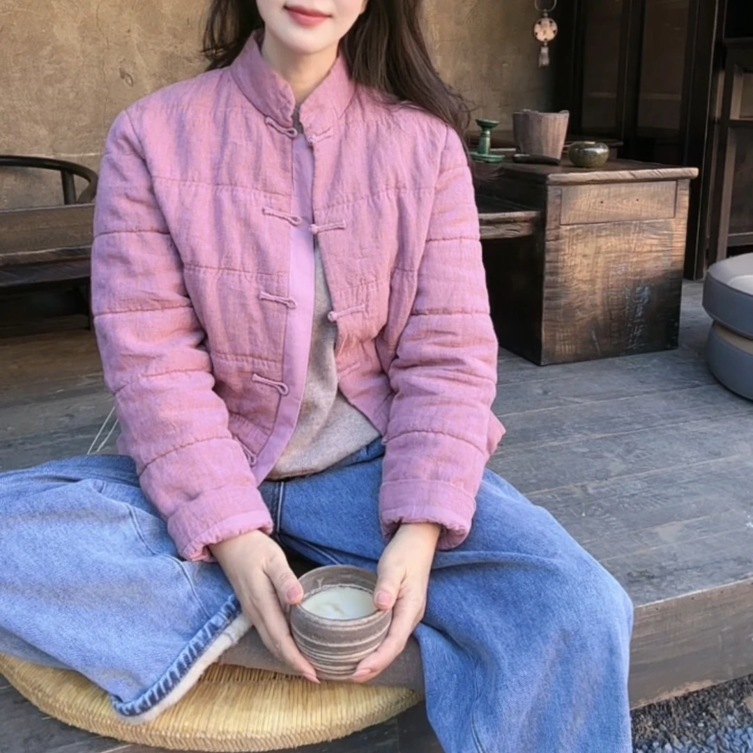 『蝶家』中式立领对襟手工盘扣色织亚麻棉服加厚外套保暖显瘦261