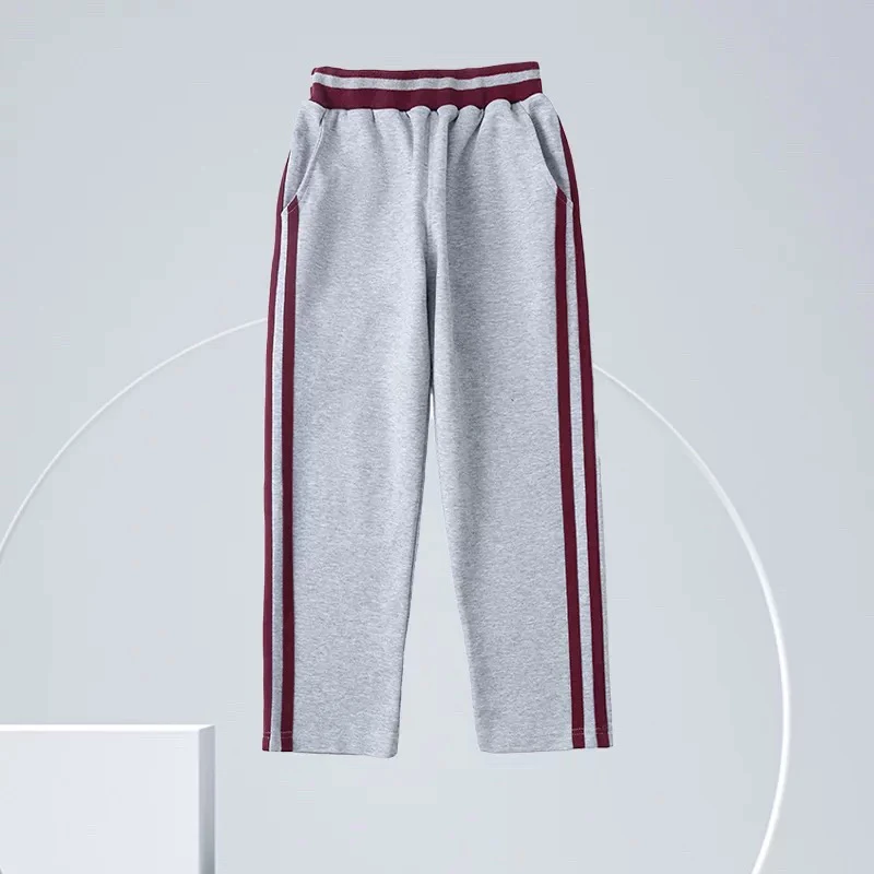 浅灰色直筒运动校服裤酒红色边杠春秋裤子
