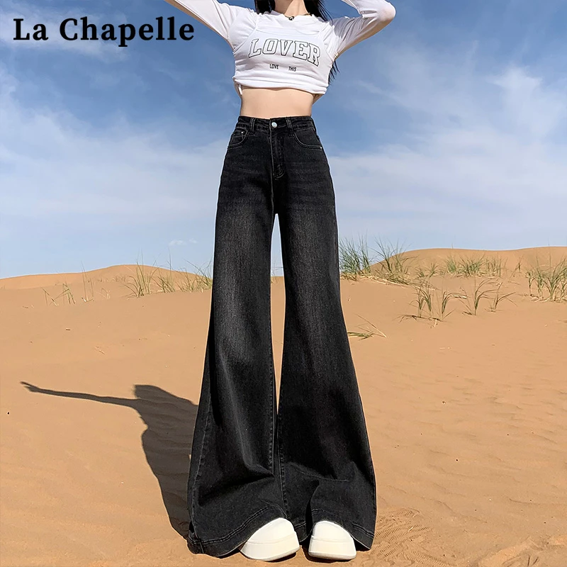 拉夏贝尔韩版复古蓝不贴腿微喇加绒牛仔裤女2025上班裤子秋冬女