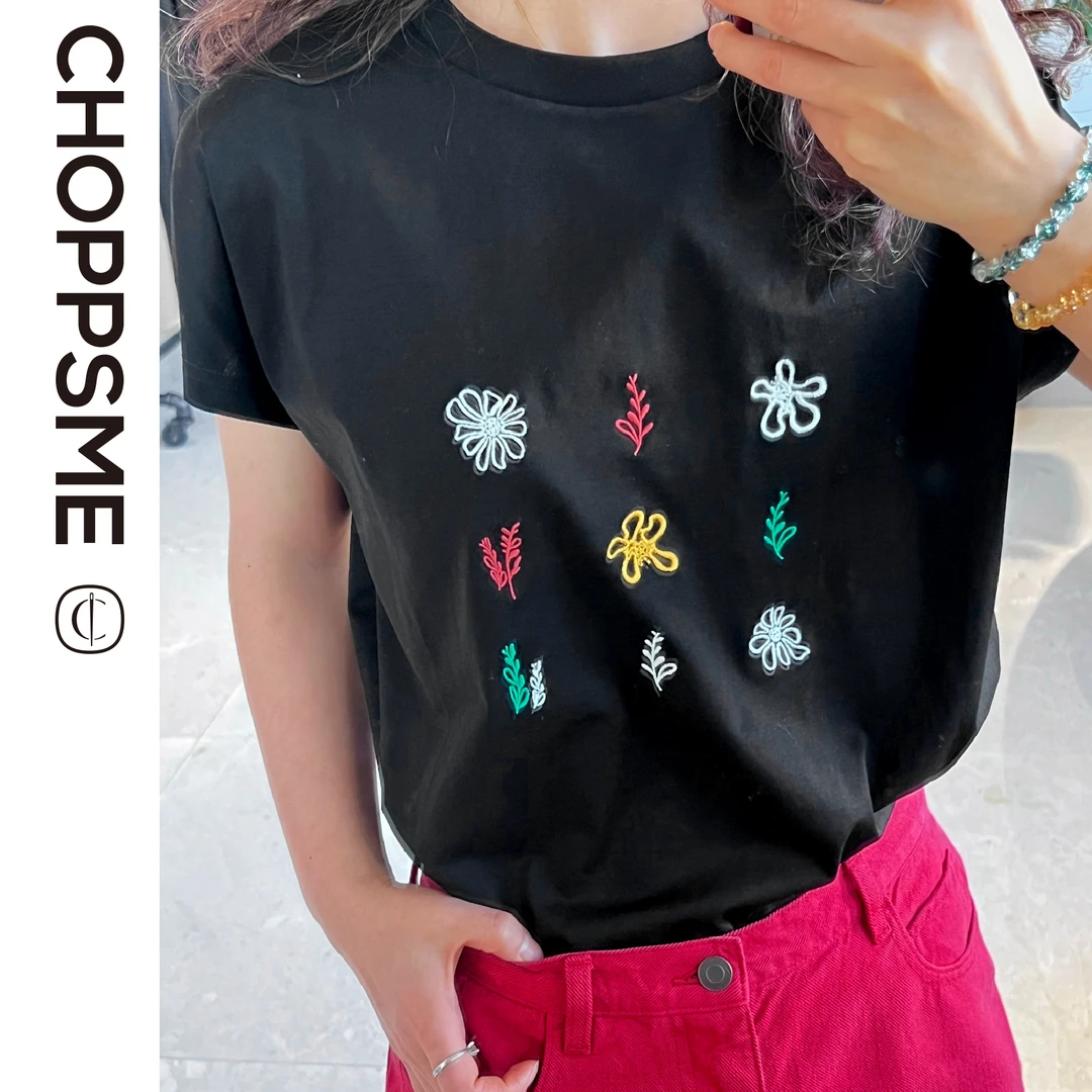 巧珀思｜17305甄选长绒棉 9宫格多彩夏日花卉刺绣 后中缝圆领T恤