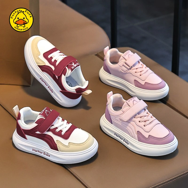 小黄鸭女童运动鞋子皮面学生休闲跑步鞋中大童女孩透气春秋季新款
