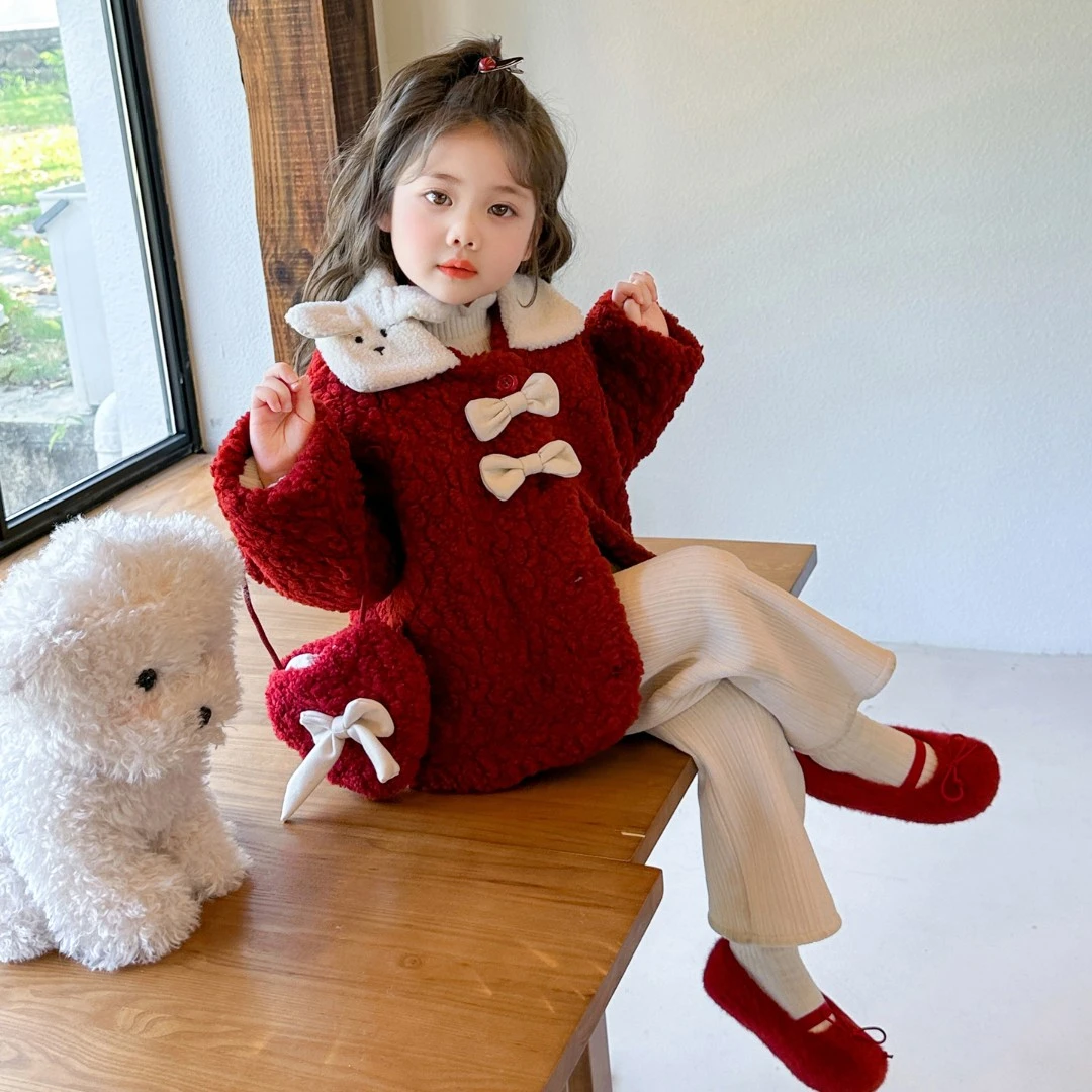 女童秋款翻领毛毛衣外套2025新款儿童加棉加厚女宝宝韩版冬装上衣