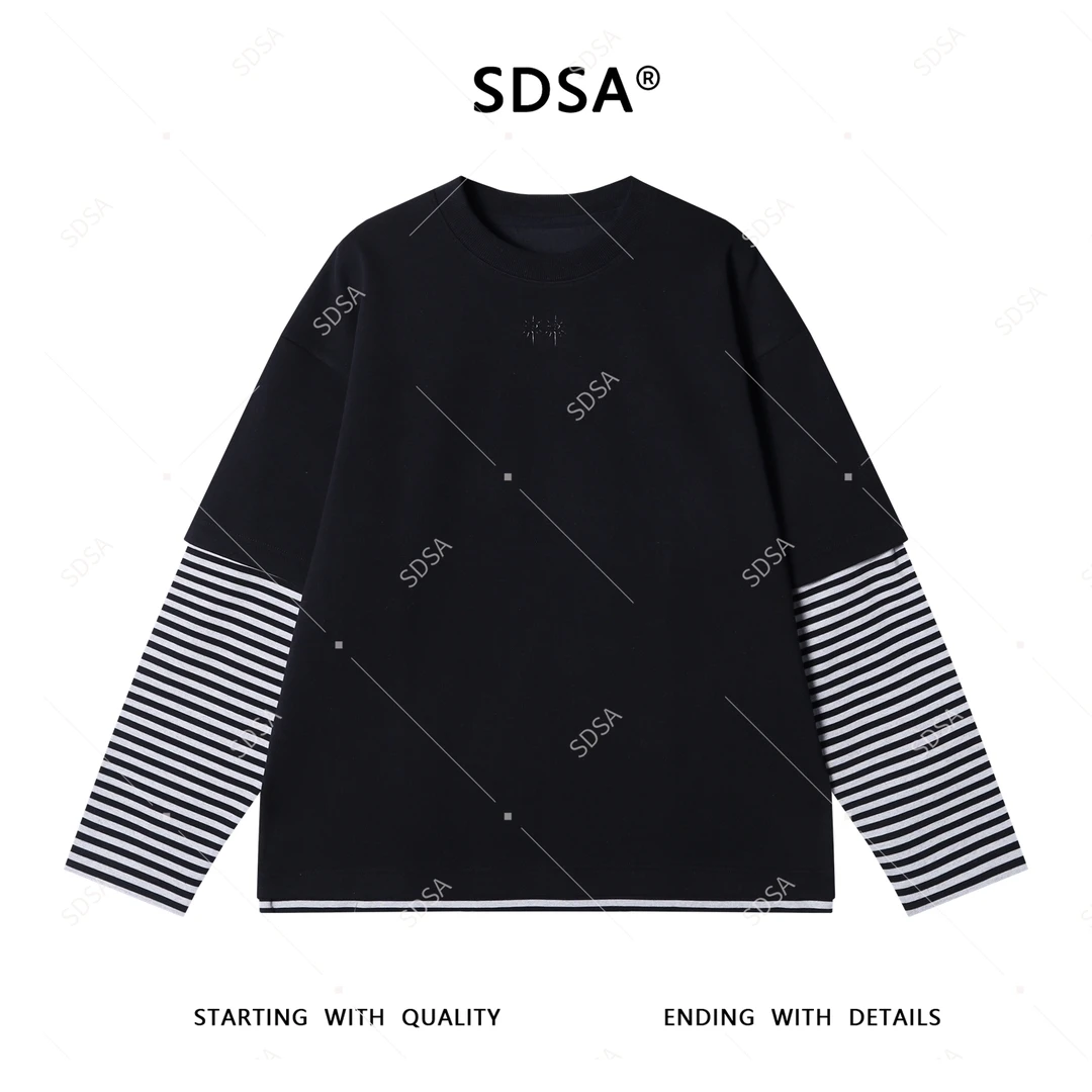 SDSA男士2025新款轻奢痞帅男装眼睛压线假两件条纹圆领长袖T恤潮