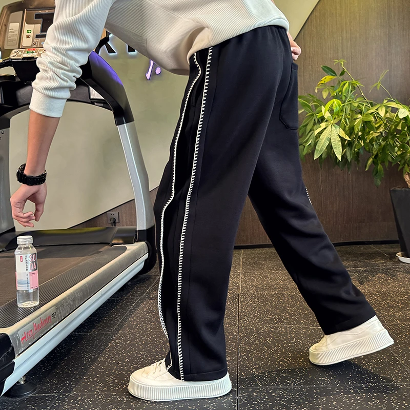 潮牌外穿裤子男士春秋季款条纹直筒宽松运动冬装加绒加厚休闲长裤