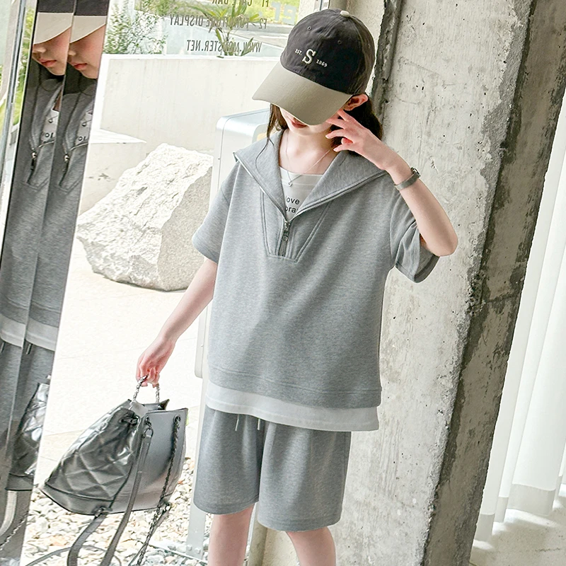女童夏季韩版休闲运动套装中大童女孩洋气时髦儿童薄款短袖短裤潮