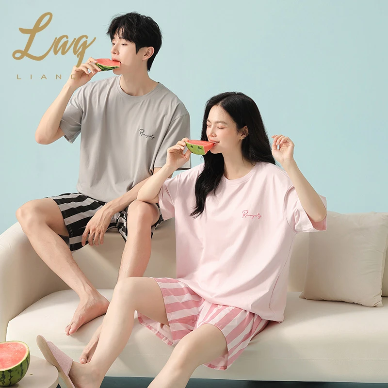 睡衣情侣款女莫代尔棉简约大码短袖条纹短裤套装男家居服外穿5122