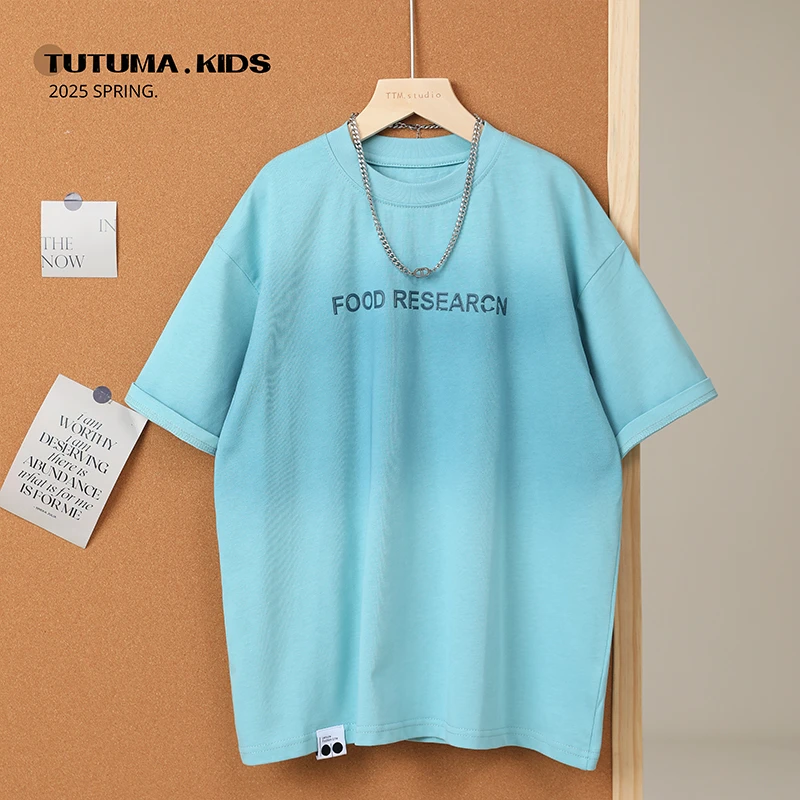 图图妈【洋气渐变 休闲风】男女童圆领酷帅休闲短袖中大童潮牌上衣