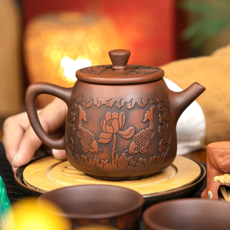 紫陶莲趣高石瓢茶壶功夫茶具全手工壶泡茶紫砂壶陶瓷家用办公套装