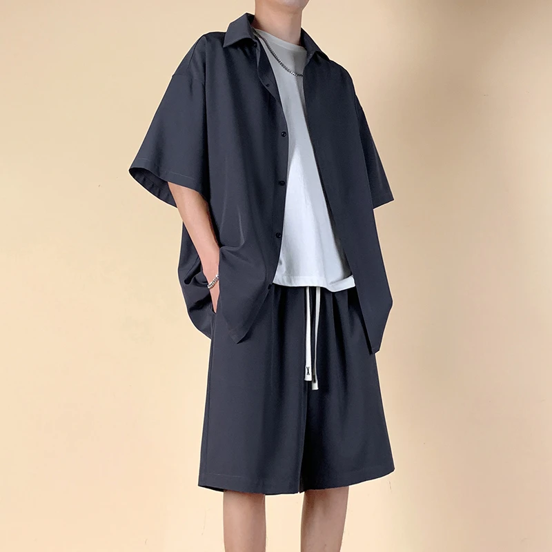 港风垂感冰丝衬衫男短袖宽松高级感夏季薄款痞帅短裤休闲运动套装