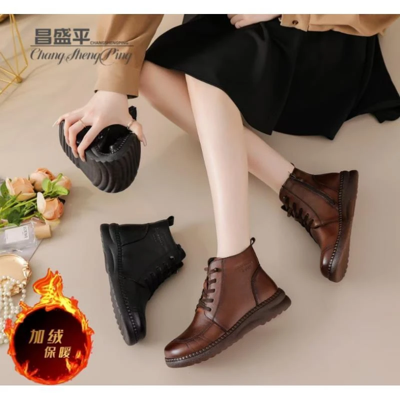 QF8978【加绒全牛皮休闲中筒靴】秋冬复古风皮靴百搭时尚软底妈妈鞋
