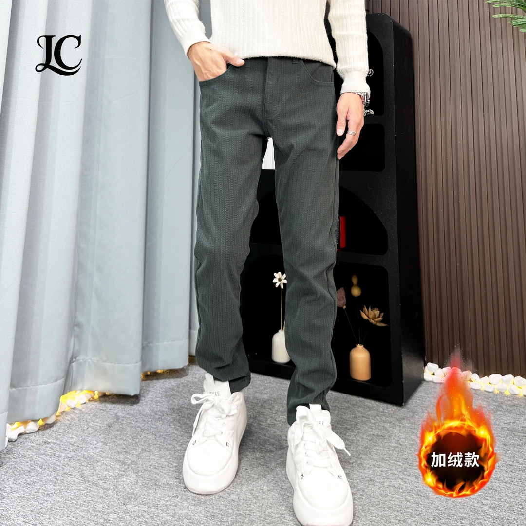 秋冬新款高端灯芯绒黛绿色牛仔裤男士潮流百搭时尚加绒休闲裤子男