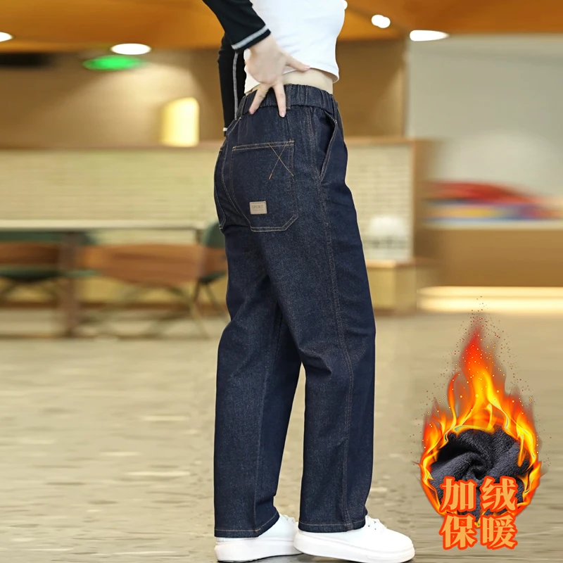 美式复古秋冬加绒原牛高街痞帅阔腿潮流百搭重工水洗直筒牛仔裤男