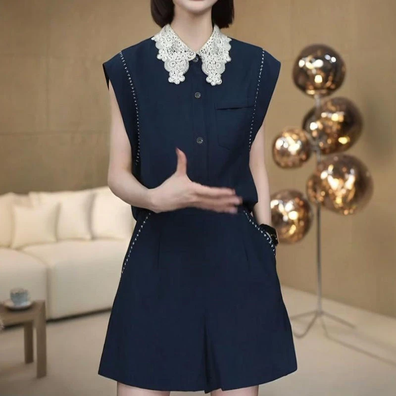 韩版简约气质无袖上衣两件套女士2025夏季小众设计感高腰短裤套装