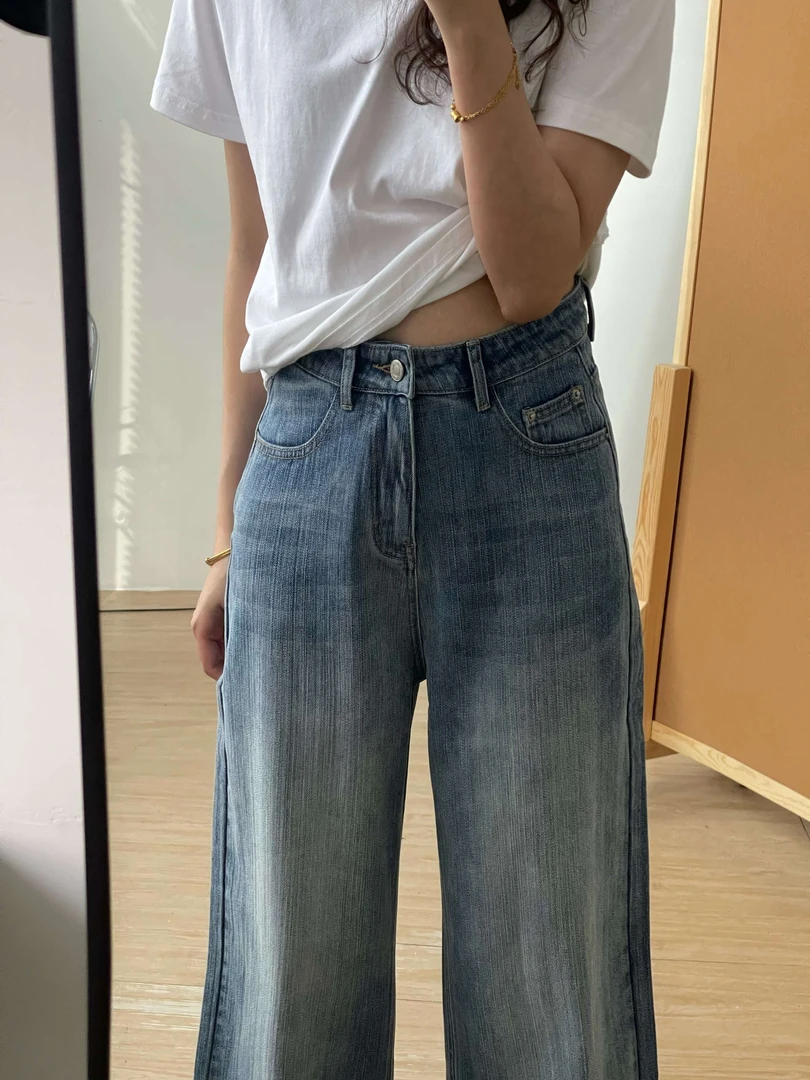 【酷酷】秋冬加绒温柔竹节纹浅蓝色软牛仔直筒裤显瘦百搭