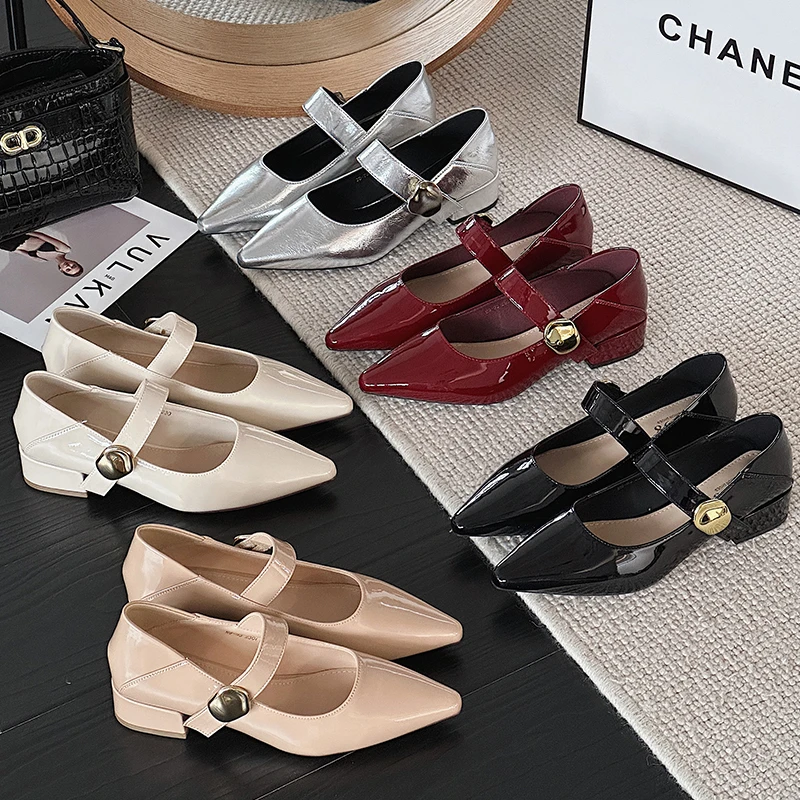 2025春季新款粗跟单鞋女浅口一字扣带气质显瘦尖头玛丽珍鞋