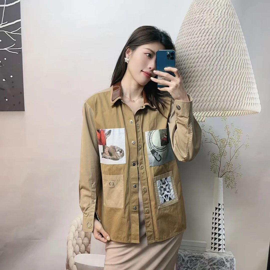 95新 BURBERRY/博柏利 麦殿/领衬衫卡其拼色34码/250511JCH7S01