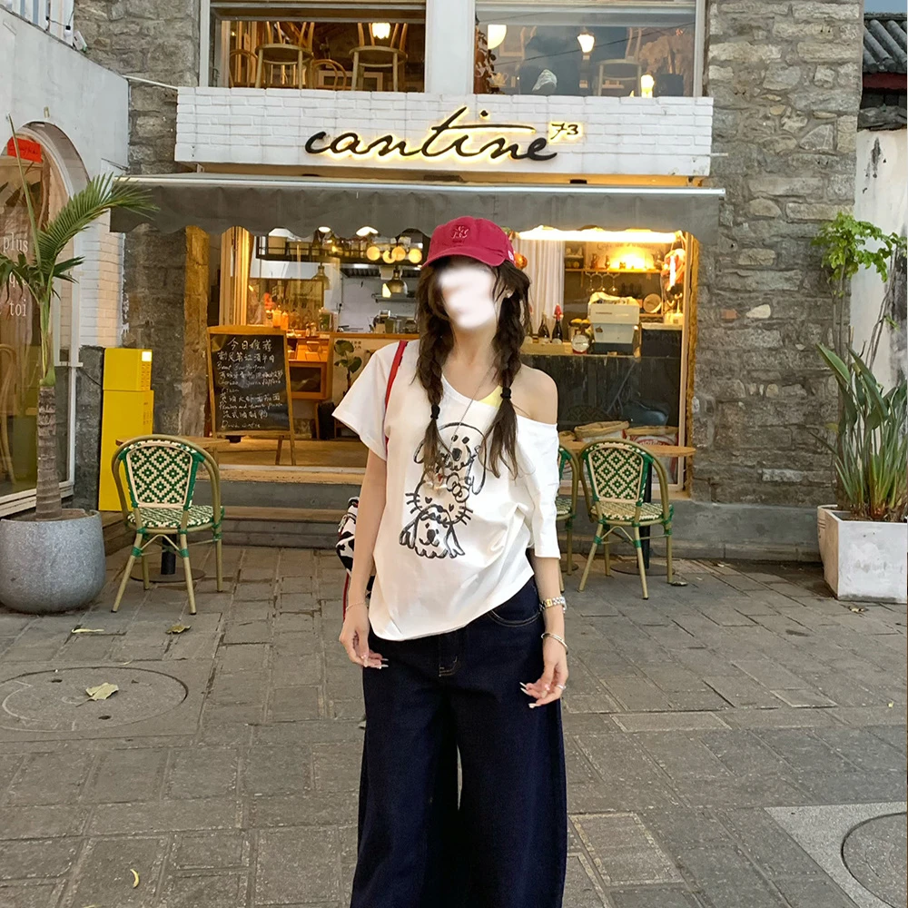 小狗猫咪印花短袖2025夏季新款宽松休闲露肩减龄设计T恤女