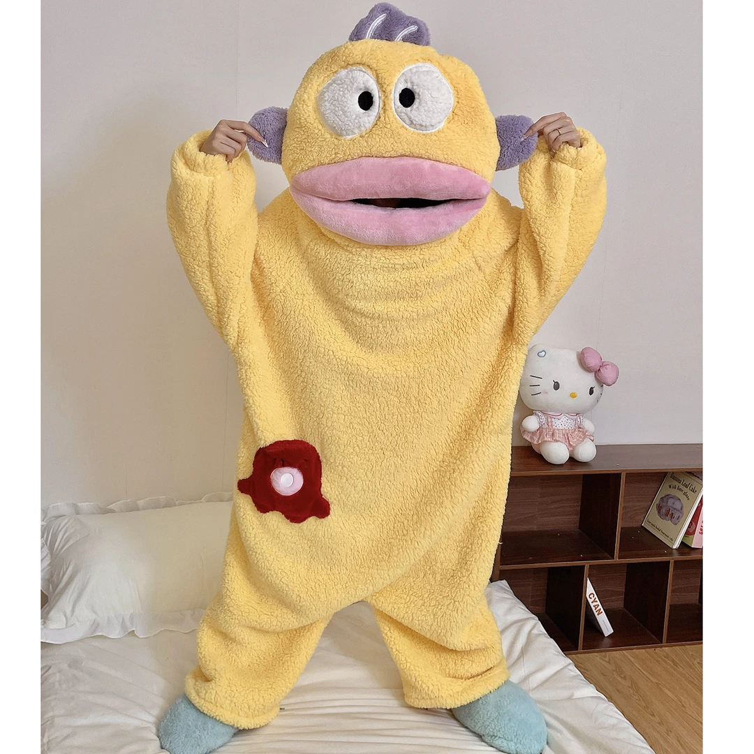 连体丑鱼睡衣女珊瑚绒加厚可爱大嘴鱼大码胖MM300斤男士长款睡袍