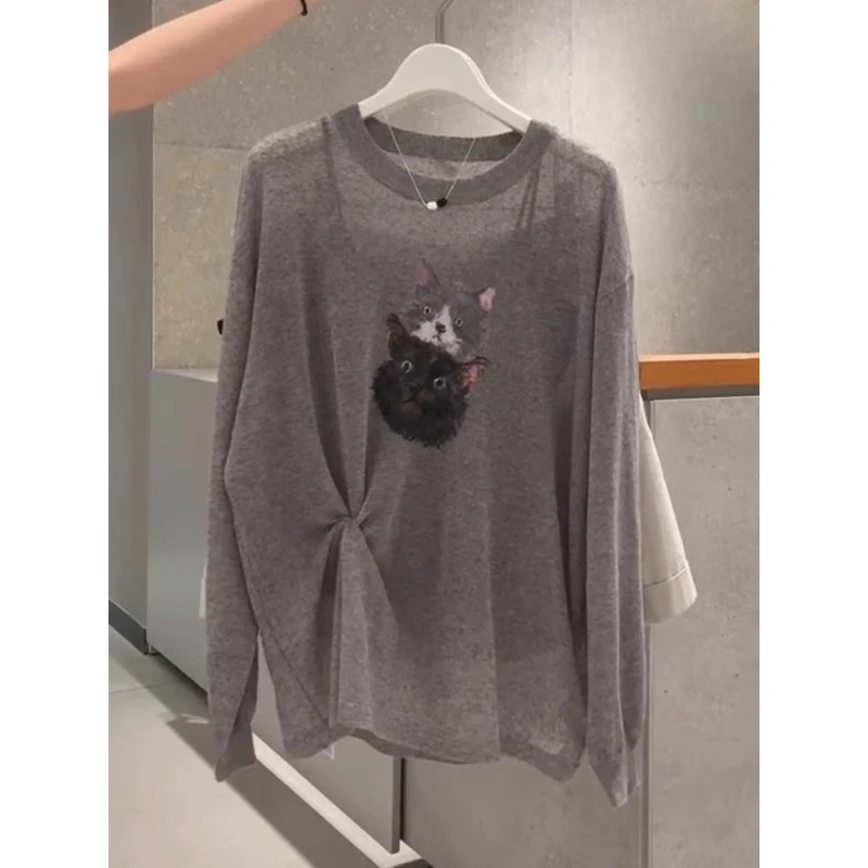 谁穿都好看！灰色小猫印花圆领扭结长袖T恤夏季宽松慵懒风罩衫