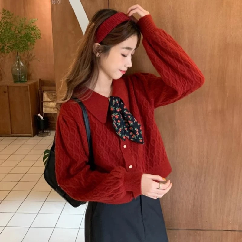 过新年红色圣诞娃娃领毛衣女2025秋冬新款polo领短款针织开衫外套