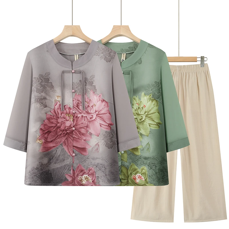 奶奶装夏季t恤两件套妈妈装中老年人春装薄款七分袖套装老人衣服