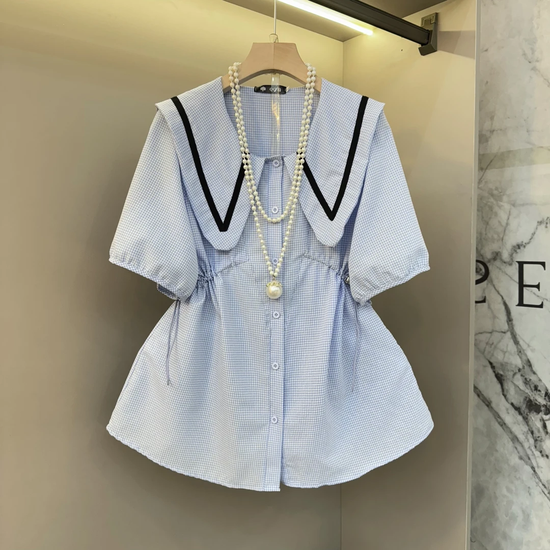 韩系宽松学院风海军领抽绳工艺减龄格子设计感拼接百搭显瘦上衣