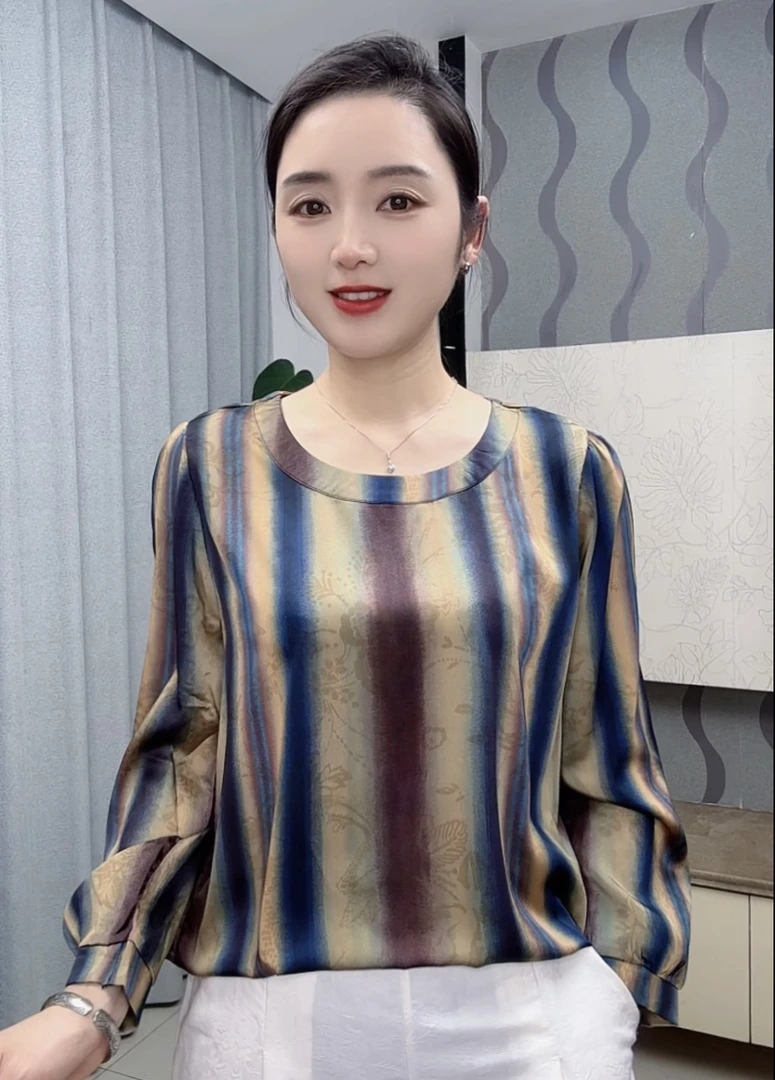 【条纹彩虹】新款圆领国风气质显瘦洋气时尚百搭长袖上衣女士休闲