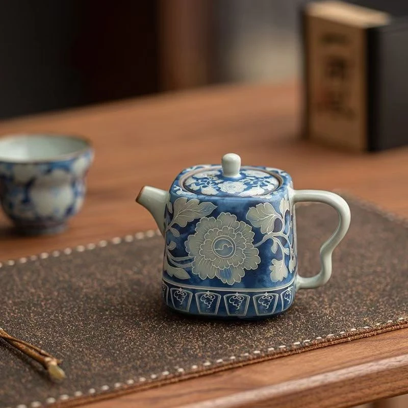 瑶野造物汝窑元青花四方壶家用复古泡茶壶高档防烫陶瓷泡茶器